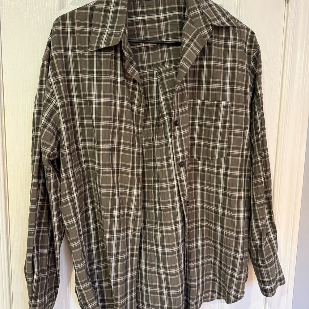 Zara Olive Green and White Plaid Button-Down Shirt